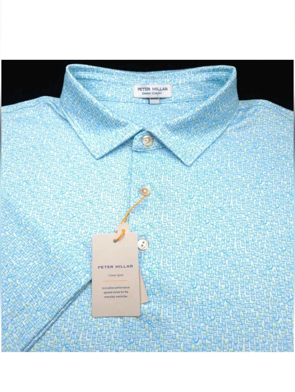 Peter Millar Polo Shirt -XL- Blue White Cocktail Dot Summer Comfort  Golf- Crown